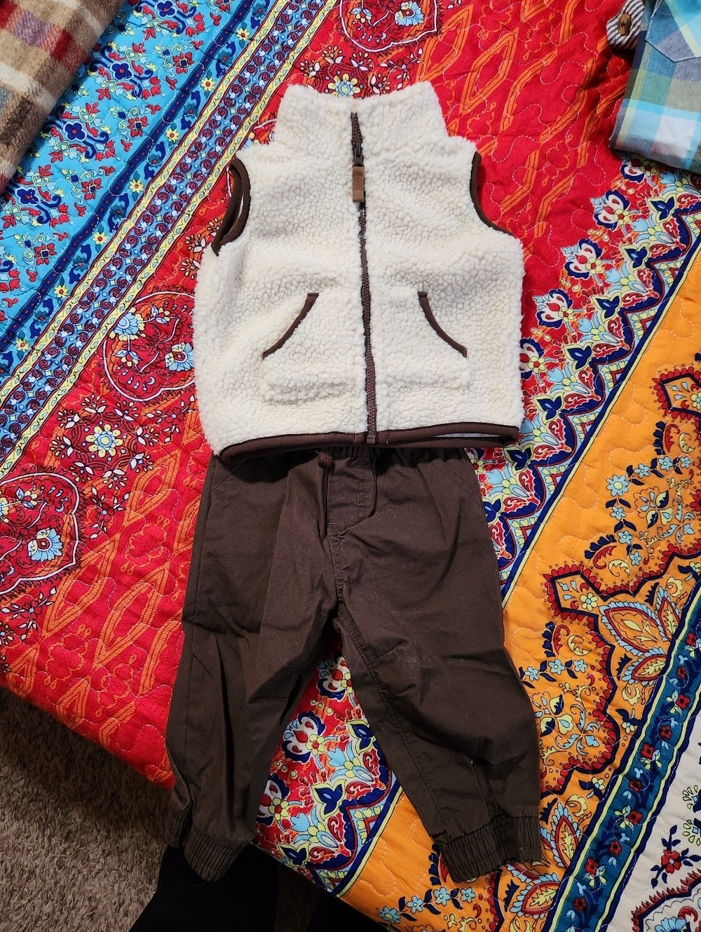 Baby Carters Cream Sherpa Zip Vest with Brown Trim And Bown Pants Set